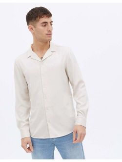 long sleeve satin shirt with revere collar in off white