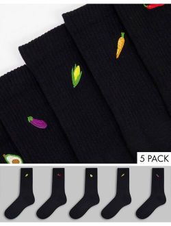 5 pack socks with veg embroidery in black