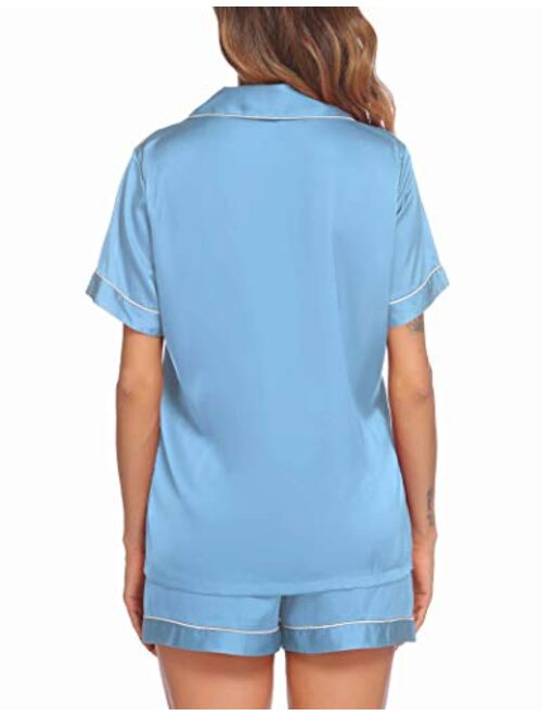 Ekouaer Satin Pajamas Women's Short Sleeve Sleepwear Soft Silk Button Down Loungewear Pjs Shorts Set S-XXL