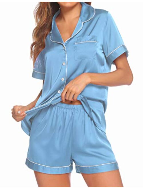 Ekouaer Satin Pajamas Women's Short Sleeve Sleepwear Soft Silk Button Down Loungewear Pjs Shorts Set S-XXL