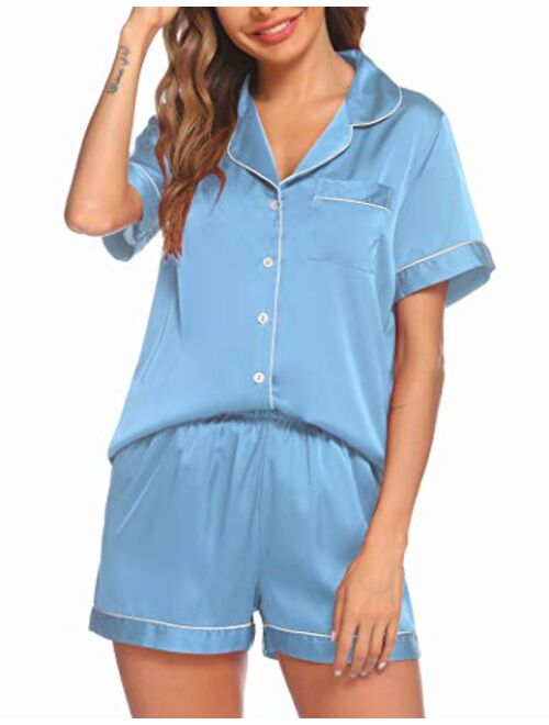 Ekouaer Satin Pajamas Women's Short Sleeve Sleepwear Soft Silk Button Down Loungewear Pjs Shorts Set S-XXL