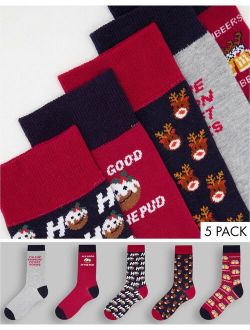 5 pack socks with Xmas print in navy multi