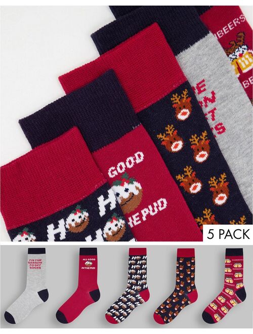 New Look 5 pack socks with Xmas print in navy multi