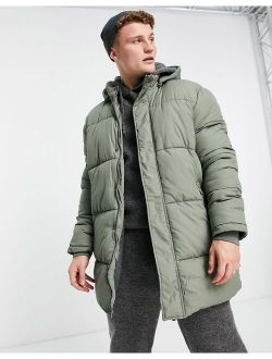 longline puffer coat in khaki
