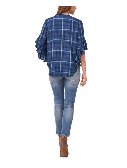 Vince Camuto Plaid Ruffle-Sleeve Top
