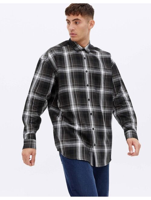 New Look 90's oversized long sleeve check shirt in dark khaki