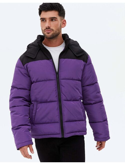 New Look color block puffer jacket in purple