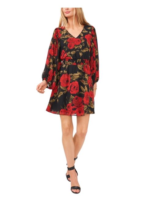 Vince Camuto Floral-Print V-Neck Smocked-Waist Dress