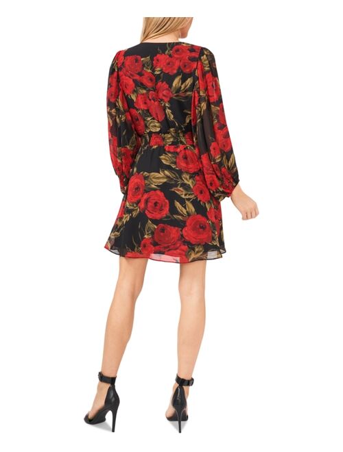 Vince Camuto Floral-Print V-Neck Smocked-Waist Dress