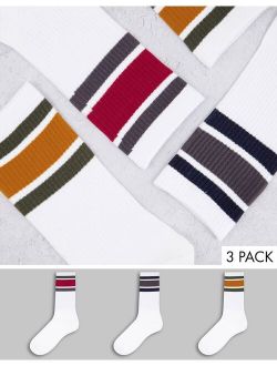 3 pack crew socks with stripes in white