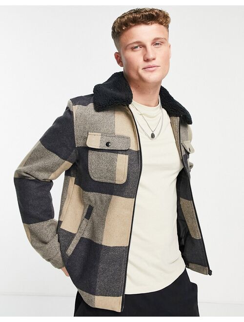 Only & Sons plaid trucker jacket with borg collar in beige