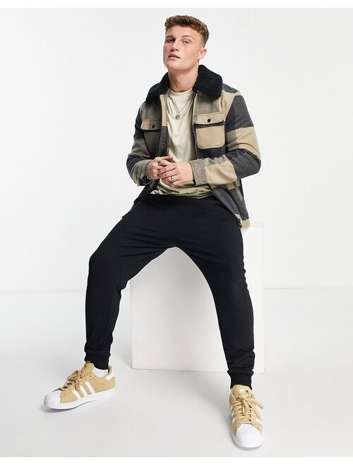 Only & Sons plaid trucker jacket with borg collar in beige