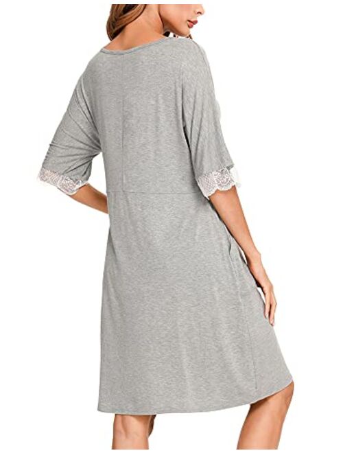 LOLLO VITA Women Nightgowns Long Sleeve Soft Sleepwear Button Down Nightshirt House Dress Breastfeeding with Pockets