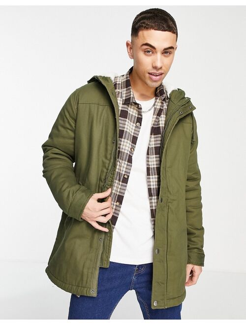 Only & Sons teddy lined parka with hood in olive
