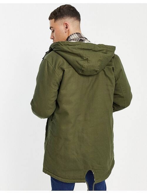 Only & Sons teddy lined parka with hood in olive
