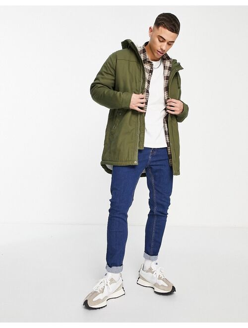 Only & Sons teddy lined parka with hood in olive