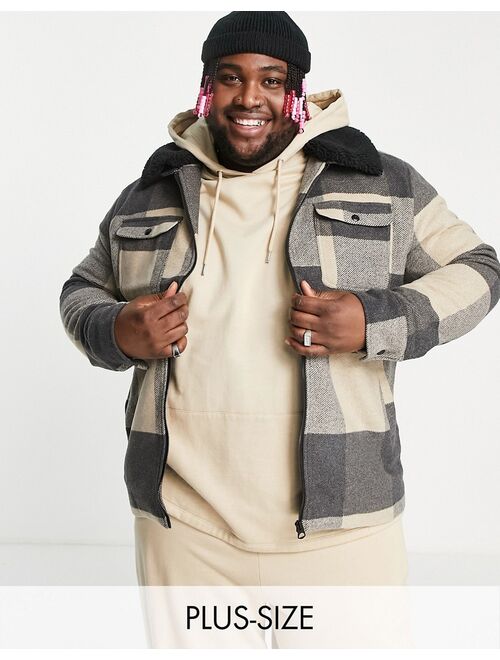 Only & Sons Plus check trucker jacket with fleece collar in beige