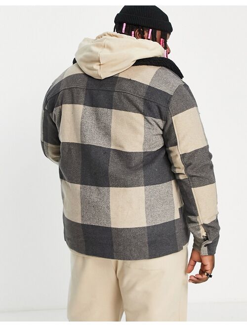 Only & Sons Plus check trucker jacket with fleece collar in beige
