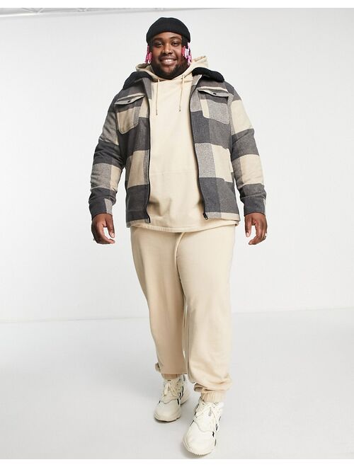 Only & Sons Plus check trucker jacket with fleece collar in beige