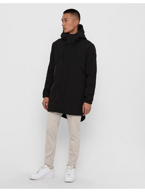 Only & Sons water resistant light parka coat in black