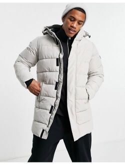 waterproof longline puffer coat with hood in light gray