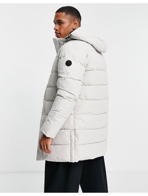 Only & Sons waterproof longline puffer coat with hood in light gray
