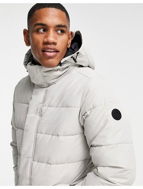 Only & Sons waterproof longline puffer coat with hood in light gray