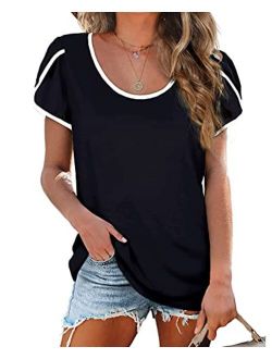 LOLLO VITA Women's Shirts Petal Sleeve V Neck Summer T-Shirts Short Sleeve Tops Casual Loose Tee Tunic