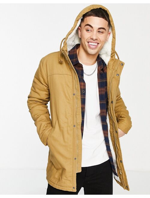 Only & Sons teddy lined parka with hood in camel