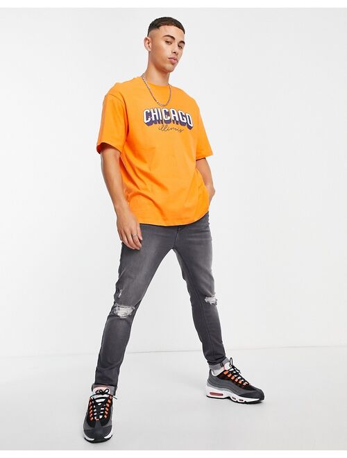 Only & Sons oversized T-shirt with Chicago print in orange Exclusive to ASOS