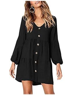 LOLLO VITA Women's V Neck Long Sleeve Shift Tunic Dress Button Down Swing Shift Dress with Pockets