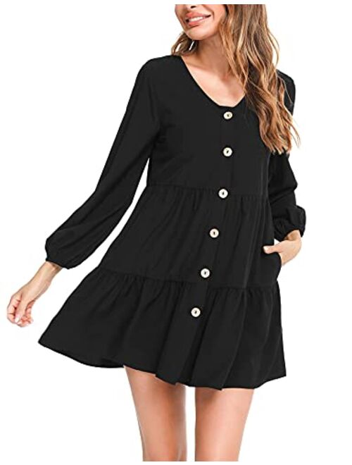 LOLLO VITA Women's V Neck Long Sleeve Shift Tunic Dress Button Down Swing Shift Dress with Pockets