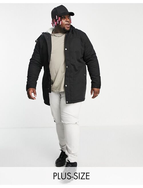 Only & Sons Plus sherpa lined parka jacket with hood in black