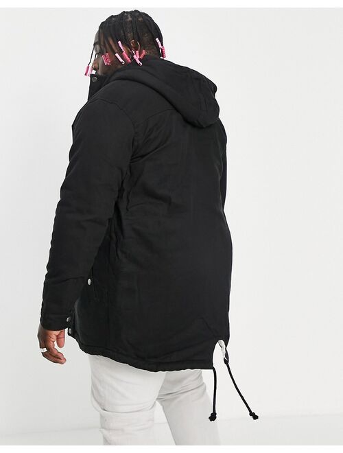Only & Sons Plus sherpa lined parka jacket with hood in black