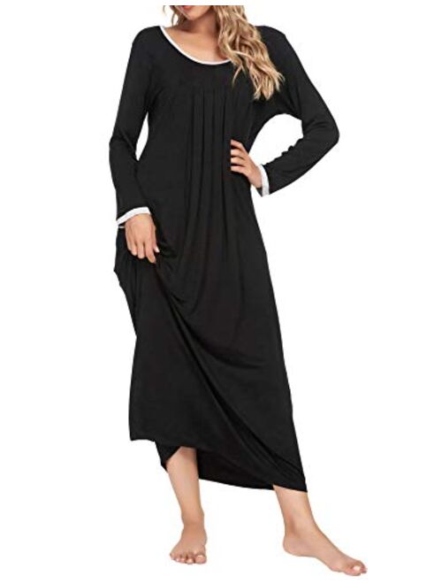 LOLLO VITA Women's Long Sleeve Nightgown Full Length Sleepwear Comfy Bamboo Pajamas Pleated Round Neck Maternity Sleepdress