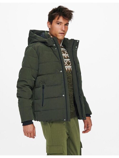 Only & Sons waterproof puffer jacket with hood in khaki