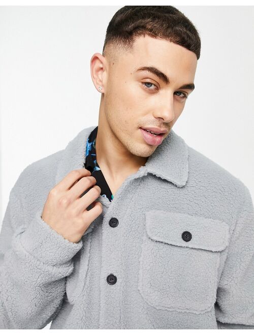 Only & Sons borg overshirt with chest pockets in gray