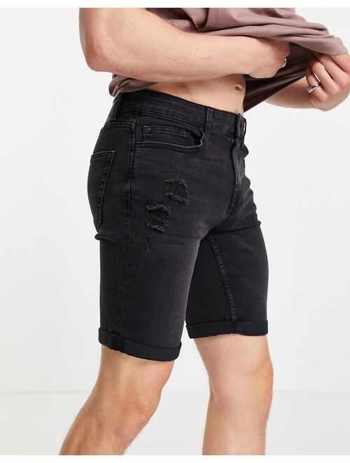 Only & Sons distressed denim shorts in black wash