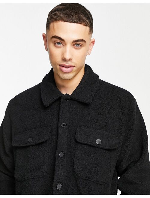 Only & Sons borg overshirt with chest pockets in black