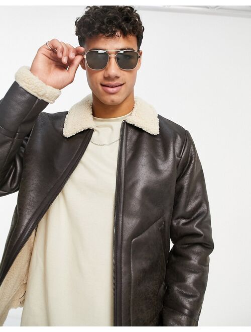 Only & Sons aviator jacket in brown faux shearling