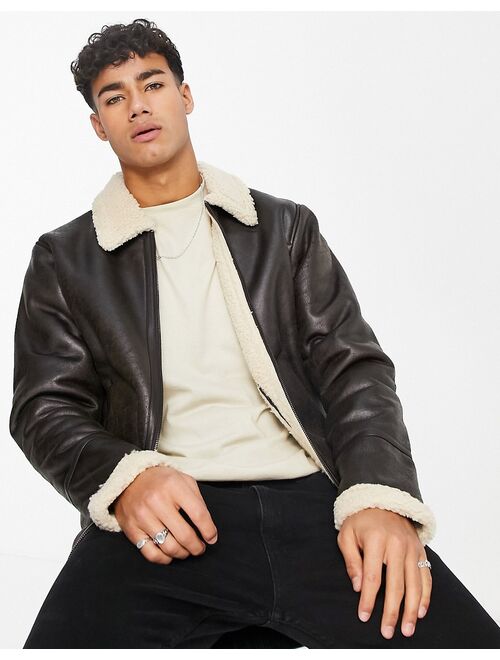 Only & Sons aviator jacket in brown faux shearling