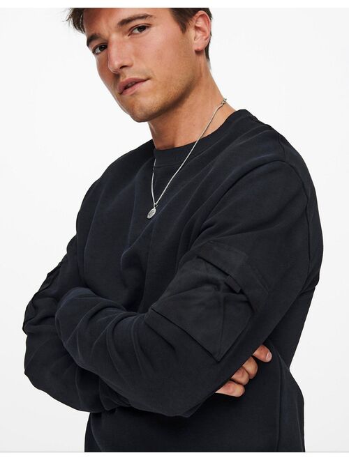 Only & Sons crew neck sweatshirt with sleeve pockets in washed black - part of a set