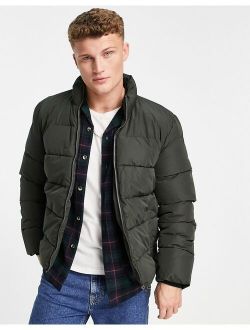 stand collar puffer jacket in khaki