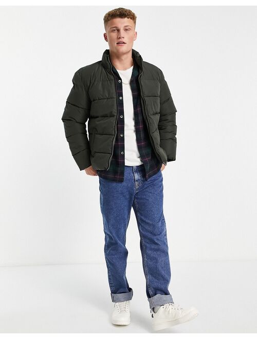 Only & Sons stand collar puffer jacket in khaki