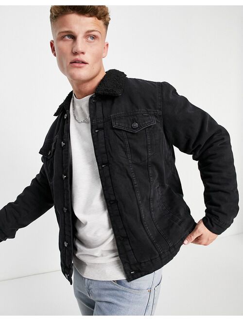 Only & Sons borg lined denim jacket in black