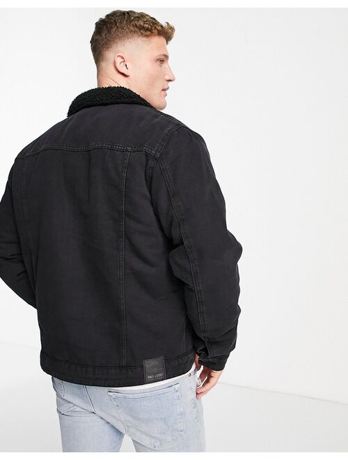 Only & Sons borg lined denim jacket in black