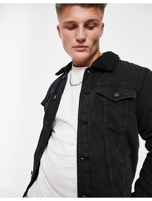Only & Sons borg lined denim jacket in black