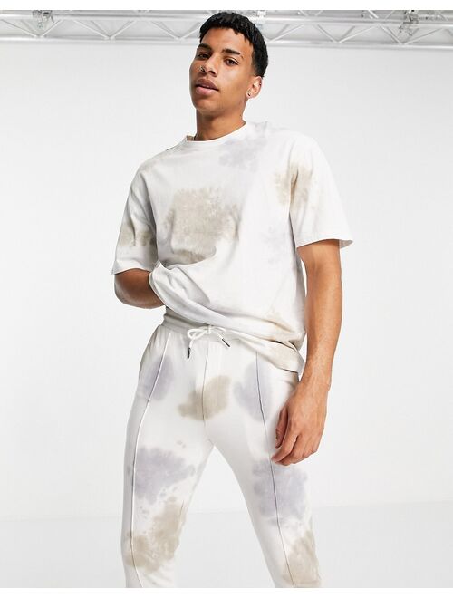 Only & Sons tracksuit with crew neck T-shirt in beige tie-dye
