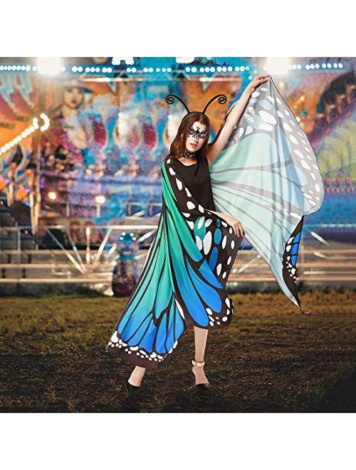 Kitpipi Halloween Butterfly Wings Costume for Women, 3PCS Butterfly Shawl Party Costume Cloak with Mask and Headband