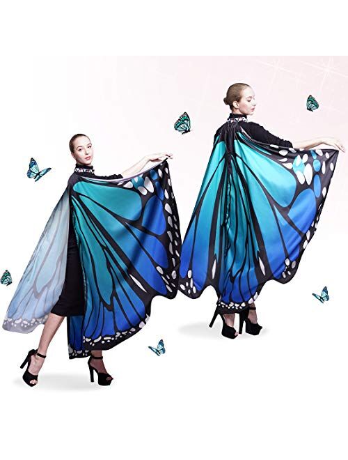 Cairoyar Butterfly Wings Shawl Halloween Costume Ladies Cape 3PCS Butterfly Shawl Party Costume Cloak with Lace Mask Antenna Headband